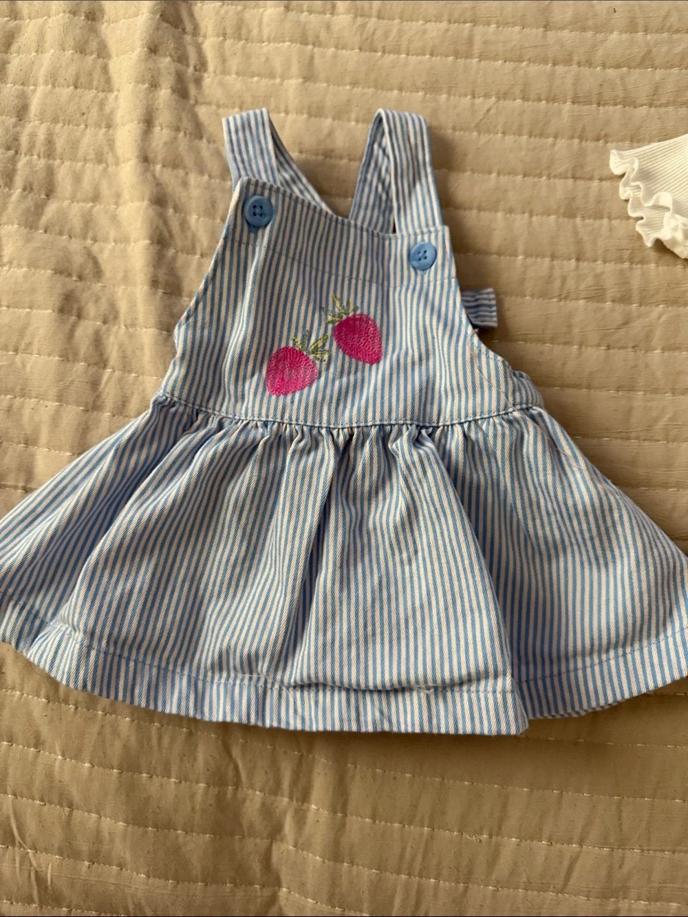 3 MONTHS Striped Blue Pinafore Dress with Pink Strawberry Embroidery